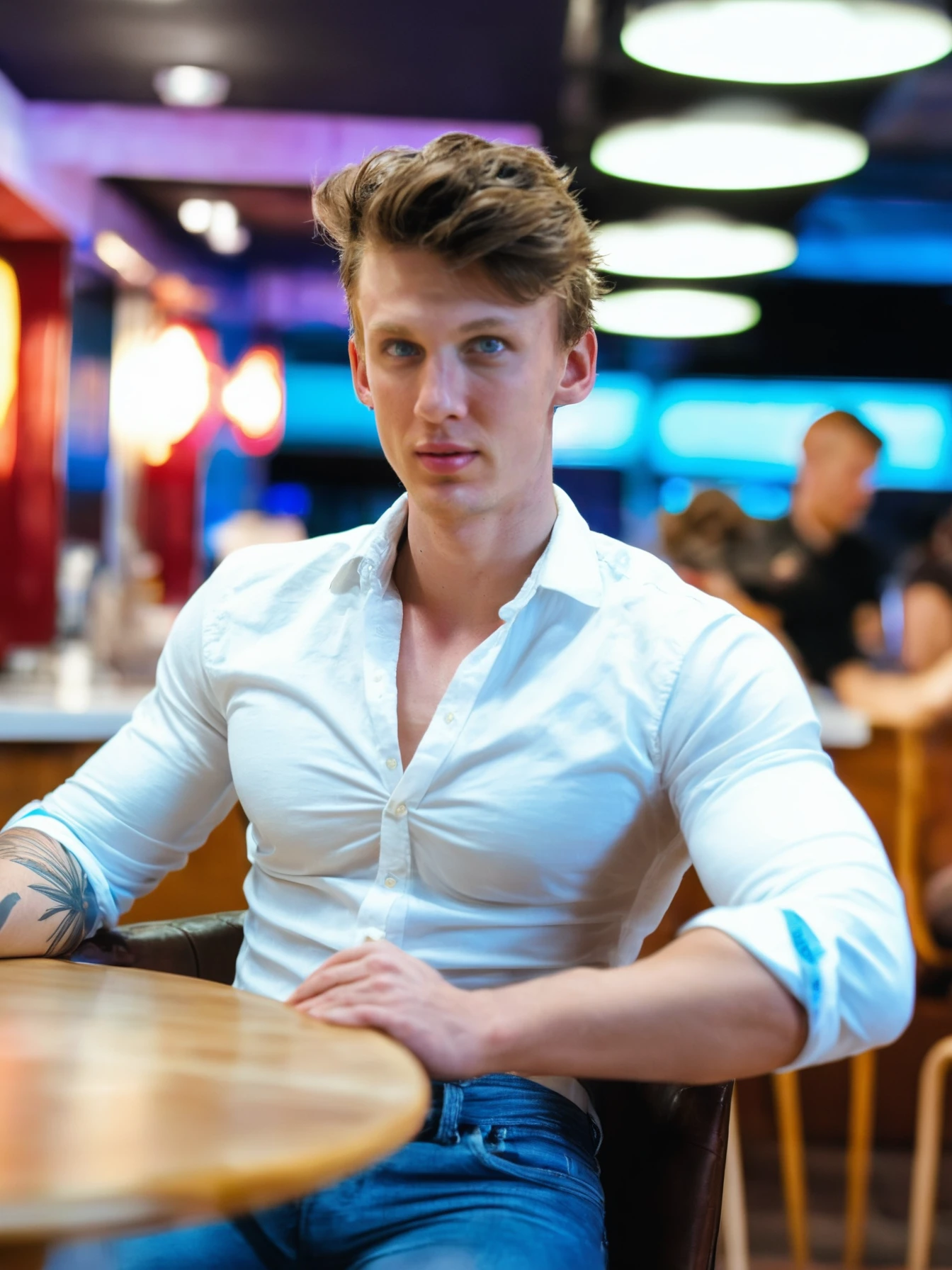 score_9, score_8_up, score_7_up, solo, photo, \(medium\) <lora:(Je0rg)SDXL:1> (Je0rg),a photorealistic candid still, sitting at a cafe, jeans and white button down dress shirt, (fit 20 year old twunk), muscular fit build, skinny waist, light blue eyes, clean shaven, smooth everywhere, RAW photo, detailed photo, gorgeous, shallow depth of field, bokeh, vibrant saturated color, volumetric lighting, iridescent skin, (surreal:0.4), hyper detailed photorealistic life-like accurate proportional 8k sharp focus, (accurate cinematic lighting), photorealistic detail, (selective focus:0.6)<lora:add-detail-xl:0.7>