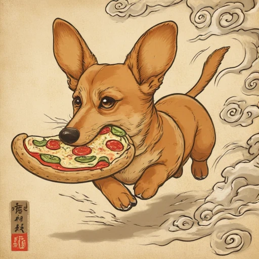 Painting in Traditional japanese art style of dachshund running away with a big slice of pizza in his mouth