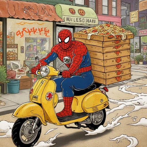 Painting in Traditional japanese art style of Spiderman riding on pizza delivery scooter with multiple pizza boxes on backseet