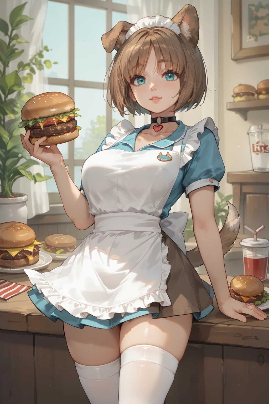 score_9, score_8_up, score_7_up, 1girl, Gina(Isekai:slow_life), large breasts, blue eyes, aqua eyes, short hair, brown hair, puppy ears, tail, dog girl, choker, skirt, apron, shirt, white thighhighs, burger