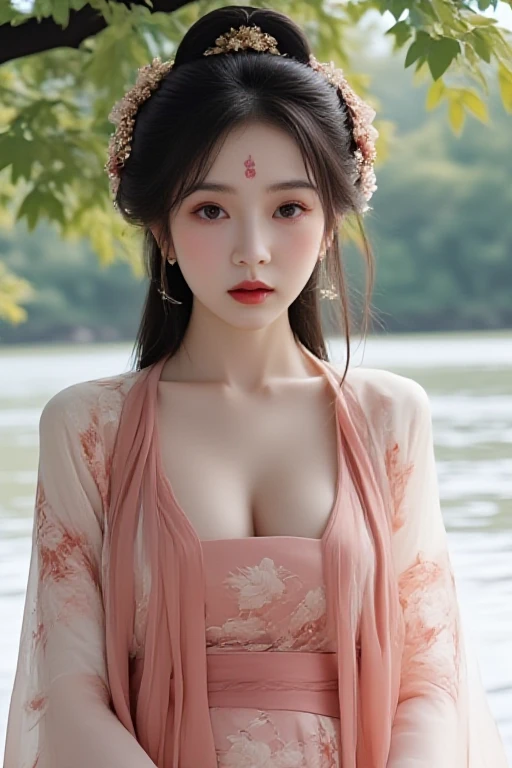 face focus, 1girl, a young woman, a chinese female, belle, actress, skinny, thin, slim,  narrow waist, high waist, petite physique, cleavage, large breasts, random color chiffon hanfu, chinese clothes, see thorugh sleeves, embroidery pattern, hair flower, hair ornament, double ring hairstyle, absurdly long hair, forehead floral mark, facial floral mark, nature, lakeside, under willow, <lora:TangfengNetidolFace_flux:1>