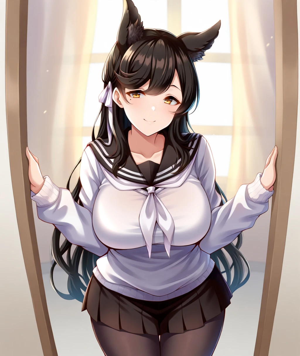 masterpiece, best quality, solo, anime,  1girl, mlatagotram, black hair, black undershirt, extra ears, hair ribbon, large breasts, long hair, mole under eye, serafuku, swept bangs, yellow eyes,  black pantyhose, white kerchief, white sweater, pleated skirt,  , yellow eyes, smile, mole under eye, cowboy shot,   <lora:atago-ilxl-ft1_1:0.9>