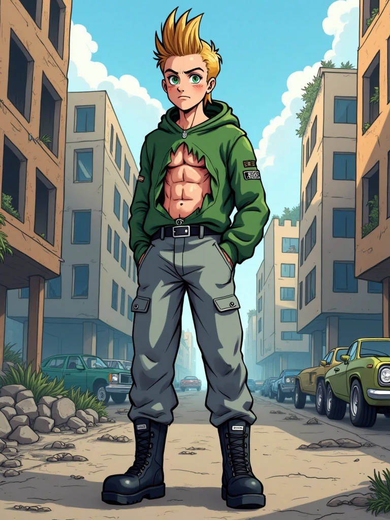 Solo, A Young man blonde hair green chaket whith hood and grey pants and black boots and green and blue eyes the chaket is broken and exposed the abs, lineart
BRAKE 
in street of big city post-apocalyptic , morning time , destroyed buildings,  abandoned cars, debris on the street
Ilustration high quality,  detailed background,  8k