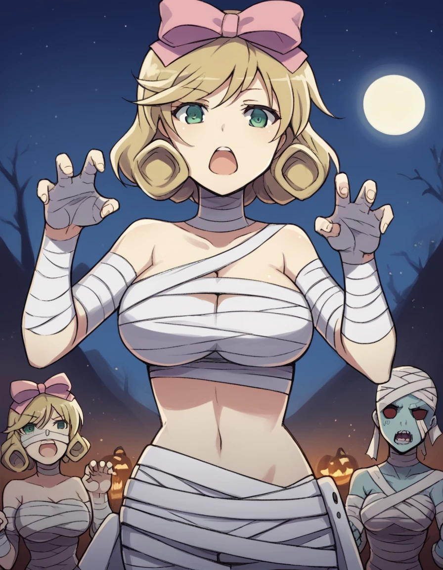 score_9, score_8_up, score_7_up, source_anime, <lora:sk-haruka-s1-ponyxl-lora-nochekaiser:1>, haruka, short hair, blonde hair, green eyes, hair bow, large breasts,, <lora:mummy-costume-ponyxl-lora-nochekaiser:1>, mummy costume, bandages, halloween costume, bandaged arm, zombie pose, bandage on face,, desert, moon, night, open mouth, , dutch angle, cowboy shot