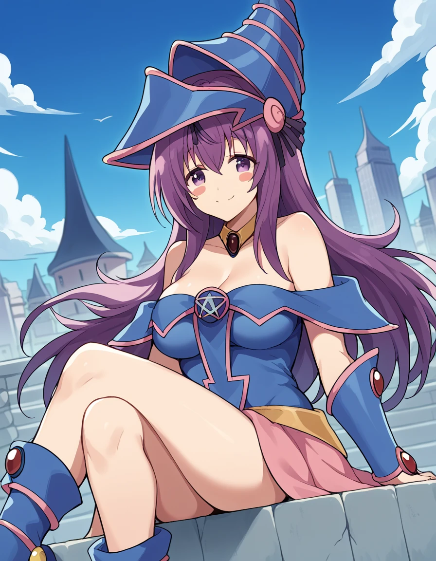 score_9, score_8_up, score_7_up, source_anime, <lora:sk-murasaki-s1-ponyxl-lora-nochekaiser:1>, murasaki, long hair, ribbon, purple eyes, hair ribbon, purple hair, large breasts,, <lora:dark-magician-girl-cosplay-ponyxl-lora-nochekaiser:1>, dark magician girl cosplay, dark magician girl (cosplay), bare shoulders, blue footwear, blush, blush stickers, cleavage, collarbone, duel monster, hat, off shoulder, pentacle, wizard hat,, outdoors, cityscape, sitting, smile, blush, cowboy shot, looking at viewer, , dutch angle, cowboy shot