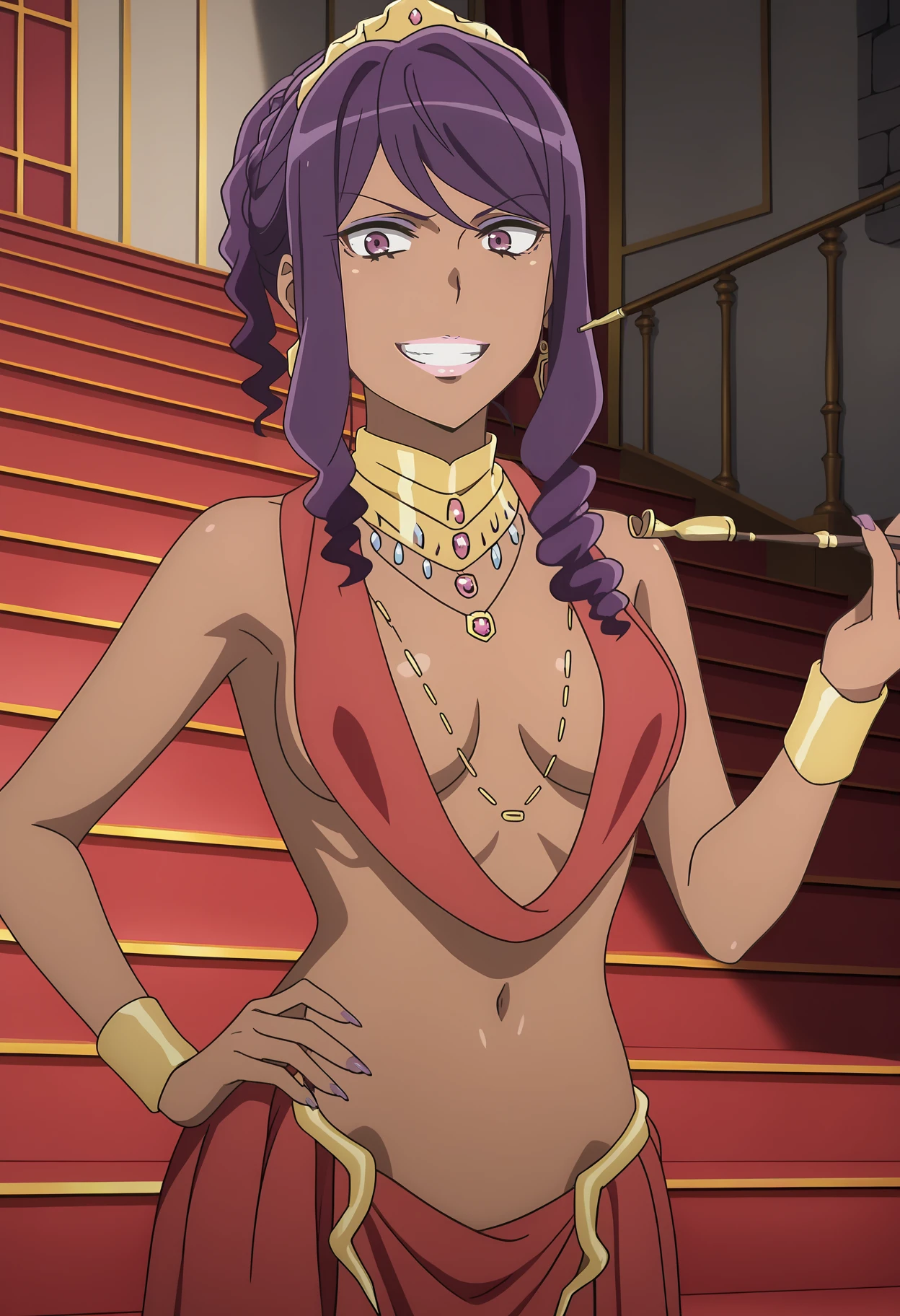 score_7_up, anime screencap,
<lora:DanMachi_IshtarXL:0.9>,
1girl, crazy smile, grin, teeth,
dark skin, long hair, purple hair, swept bangs, drill hair, purple eyes, lipstick, pink lips,
IshtarDM, arabian clothes, revealing clothes, harem outfit, red dress, medium breasts, neck ring, necklace, red skirt, gold trim, bracelet,
holding smoking pipe,
hand on own hip, standing, looking at viewer,
medieval, indoors, stairs