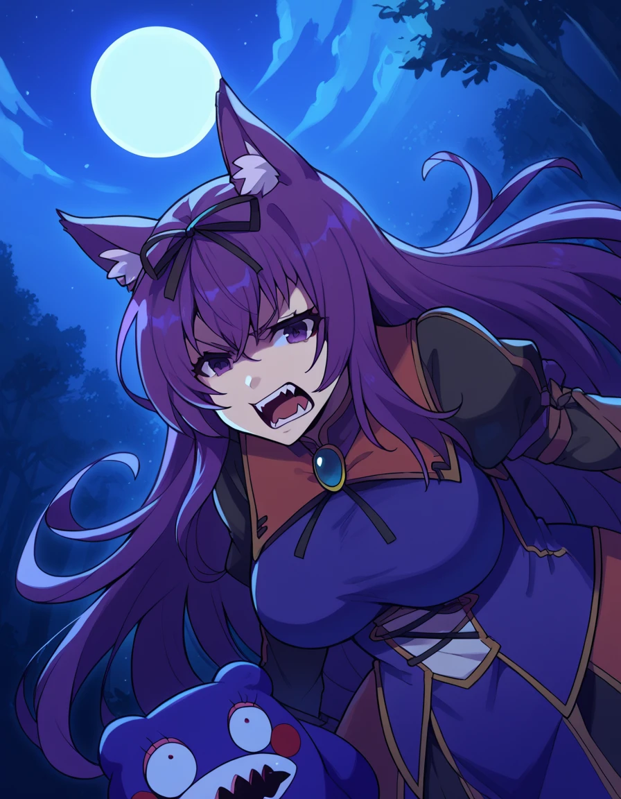 score_9, score_8_up, score_7_up, source_anime, <lora:sk-murasaki-s1-ponyxl-lora-nochekaiser:1>, murasaki, long hair, ribbon, purple eyes, hair ribbon, purple hair, large breasts,, <lora:werewolf-ponyxl-lora-nochekaiser:1>, werewolf, furry, fangs, animal ears, gloves, angry, teeth, animal ear fluff,, forest, night, moon, open mouth, , dutch angle, cowboy shot