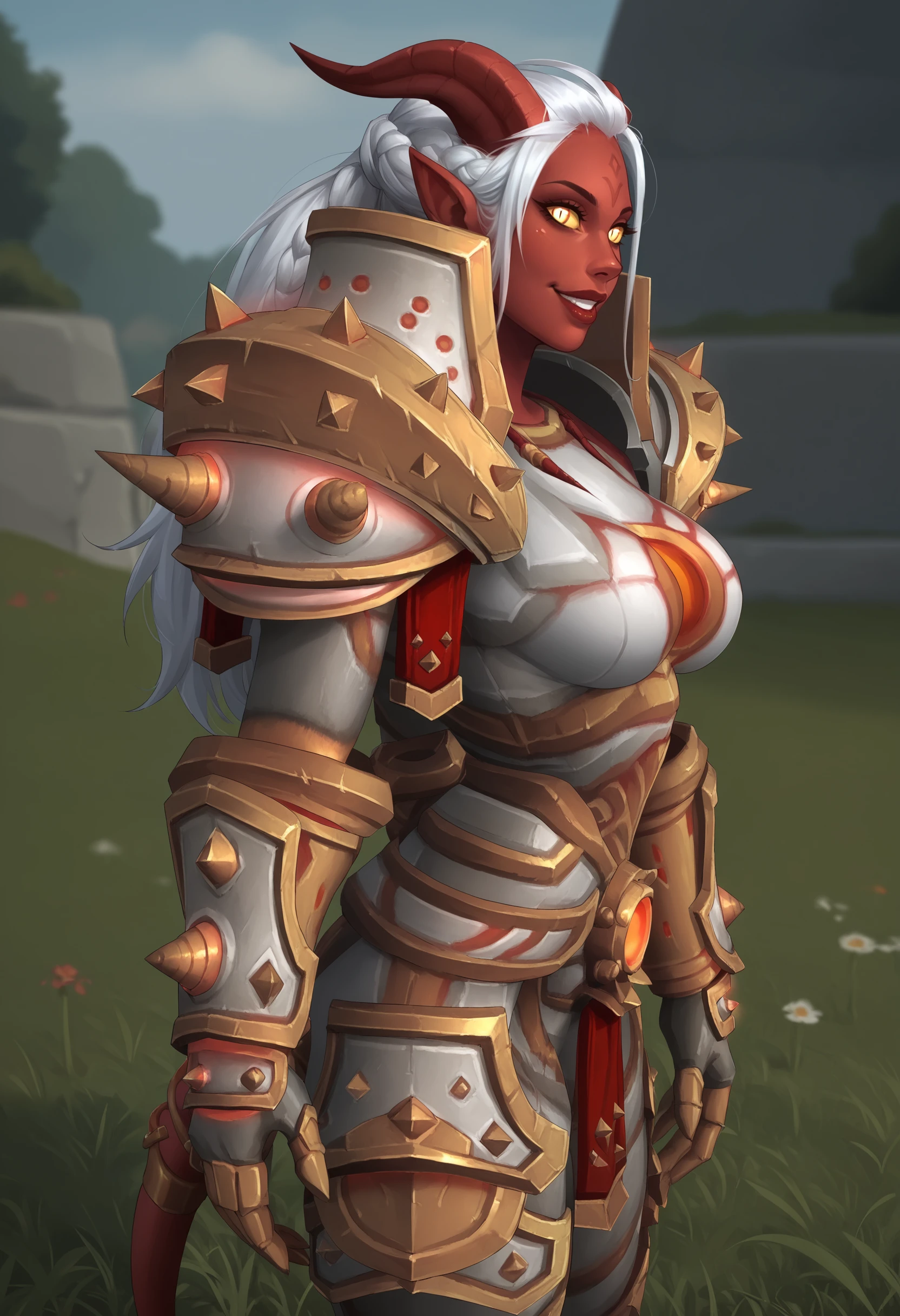 score_9, score_8_up, score_7_up, score_6_up, score_5_up, score_4_up, 1girl, <lora:DraeneiWarriorOC:0.75> colored skin, red skin, yellow sclera, colored sclera, no pupil, pointy ears, white hair, horns, armor, shoulder armor, pauldrons, gauntlets, looking at viewer, open smile, thick thighs, large breasts, from side, 
grass,