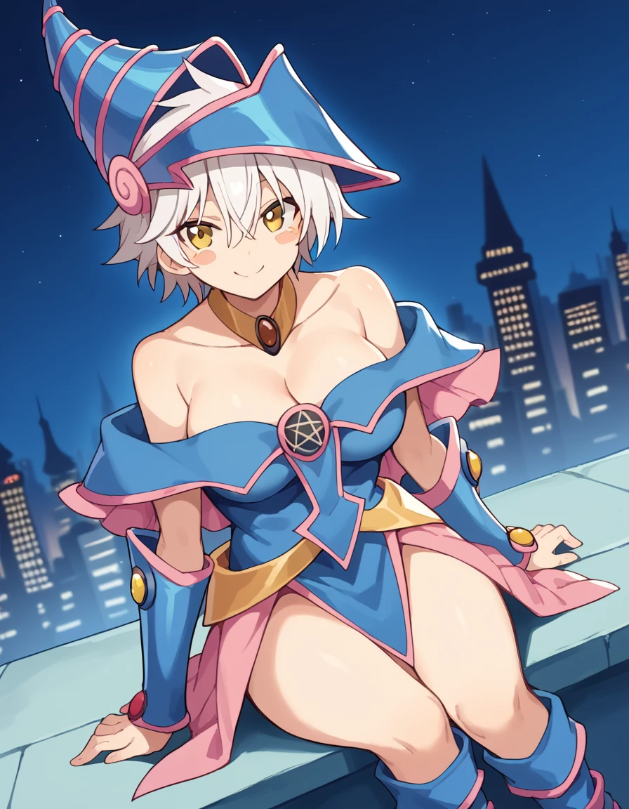 score_9, score_8_up, score_7_up, source_anime, <lora:sk-miyabi-s1-ponyxl-lora-nochekaiser:1>, miyabi, bangs, hair between eyes, yellow eyes, white hair, large breasts,, <lora:dark-magician-girl-cosplay-ponyxl-lora-nochekaiser:1>, dark magician girl cosplay, dark magician girl (cosplay), bare shoulders, blue footwear, blush, blush stickers, cleavage, collarbone, duel monster, hat, off shoulder, pentacle, wizard hat,, outdoors, cityscape, sitting, smile, blush, cowboy shot, looking at viewer, , dutch angle, cowboy shot