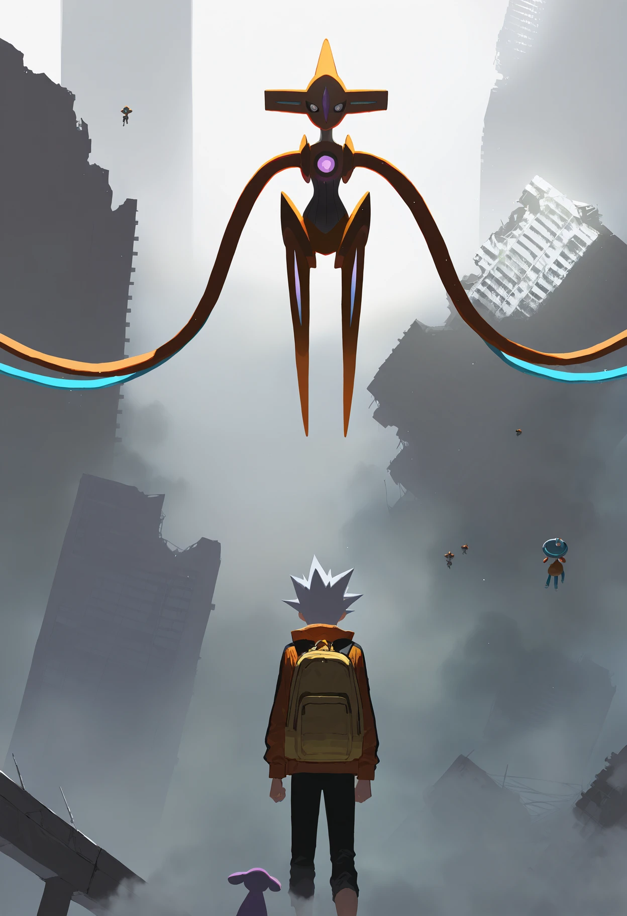 artist:ciloranko,artist:modare,artist:diyokama, astero, scenery, pokemon \(creature\),
best quality, amazing quality, very aesthetic, absurdres, best quality, masterpiece, newest,
deoxys, floating,
1boy, grey hair, spiked hair, backpack, building, fog, from behind, orange jacket, outdoors, ruins, floating ruins, standing, grey theme, Cinematic Lighting, light particles,   <lora:AsteroIllustriousXL_byKonan:1>