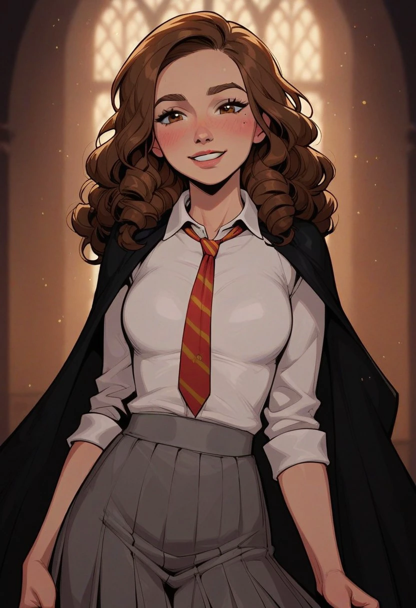 score_9, score_8_up, score_7_up, score_6_up, Expressiveh, very aesthetic, cute, sexy, hot, blush, flushed, blushing, bokeh:1.2, ((gray pleated skirt, hogwarts uniform, Hogwarts, hermione granger, long curly brown hair, brunette, black cloak, white dress shirt, red and gold tie, gray skirt)), smile, smiling, white teeth,