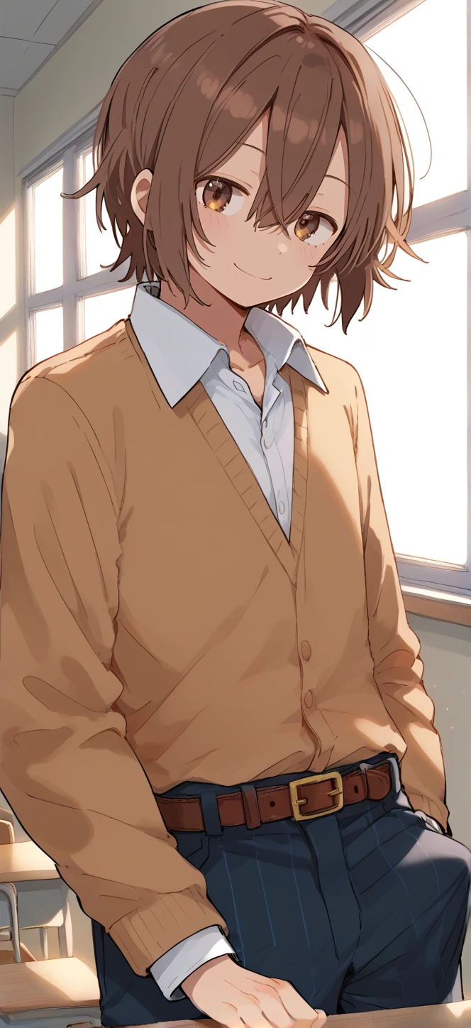 1boy,solo,male focus,asuka,brown hair,short hair,hair between eyes,brown eyes,smile,school uniform,classroom,belt,pants,collared shirt