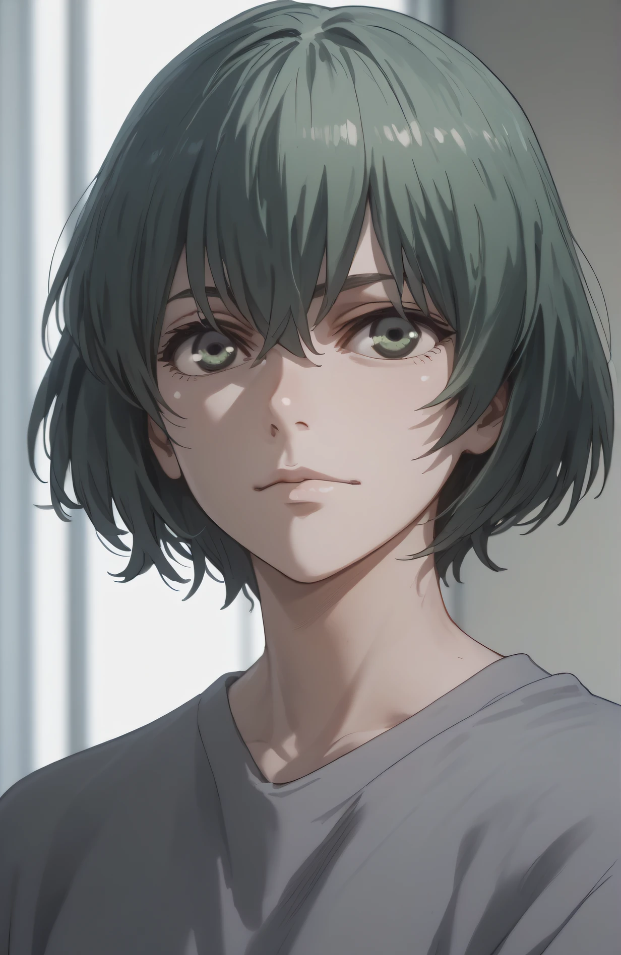 score_9,score_8_up,score_7_up,score_6_up,
, short hair, portrait, grey shirt
, eto, 1girl, solo, green eyes, green hair,  <lora:eto yoshimura v1-000006:1>