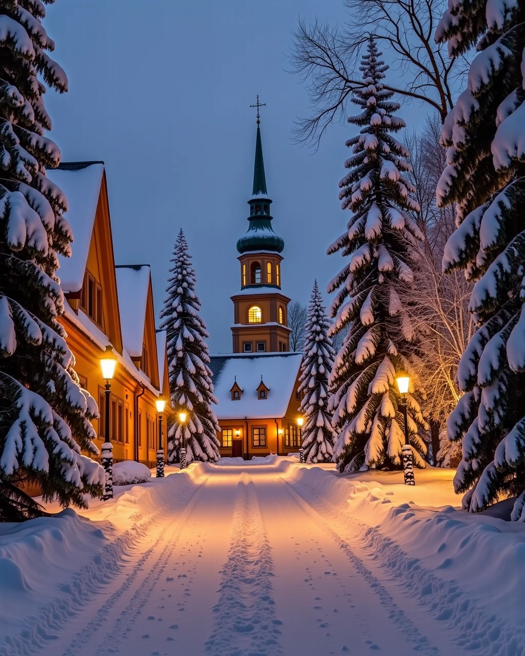 wintertime,heavy snoweing, cozy calm swedish little town on christmas eve. its dark and its snowing


