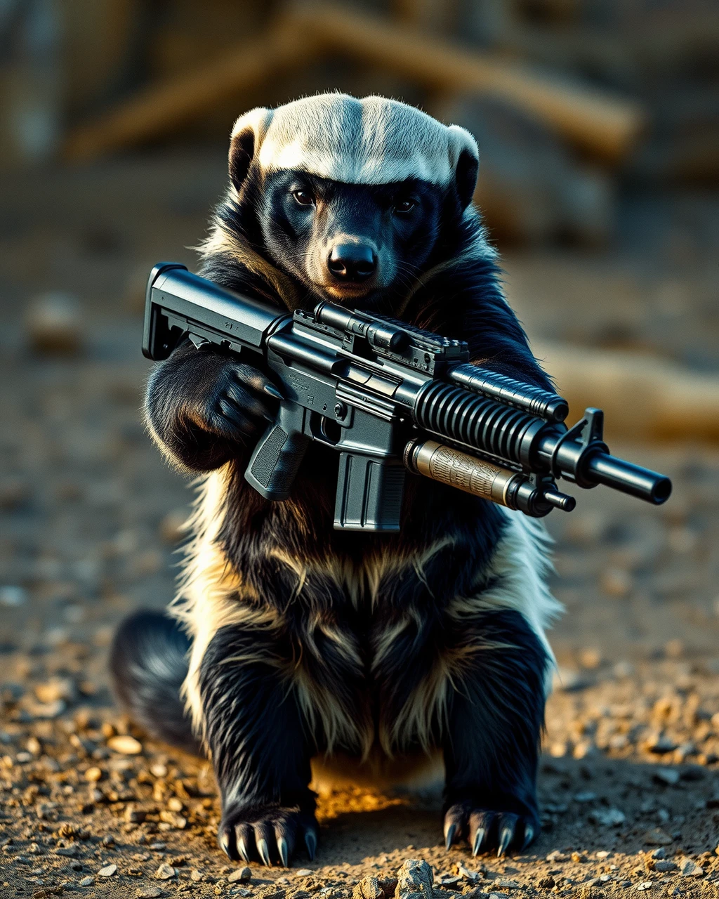 cinematic still of the honey badger with black and white fur standing on its hind legs in action pose with machine gun in its paws <lora:honey_badger:1>