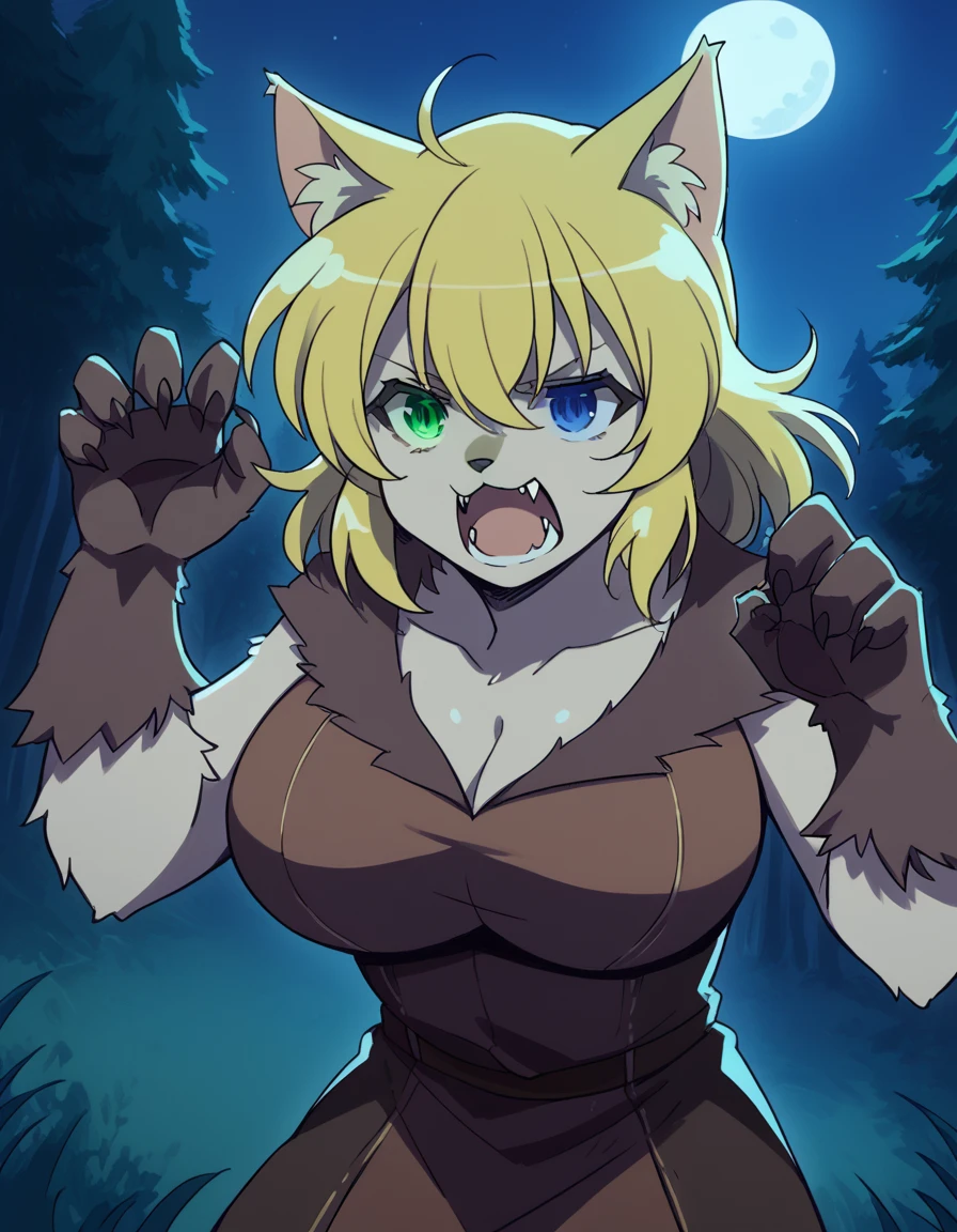 score_9, score_8_up, score_7_up, source_anime, <lora:sk-ryona-s1-ponyxl-lora-nochekaiser:1>, ryona, blue eyes, blonde hair, green eyes, medium hair, heterochromia, large breasts,, <lora:werewolf-ponyxl-lora-nochekaiser:1>, werewolf, furry, fangs, animal ears, gloves, angry, teeth, animal ear fluff,, forest, night, moon, open mouth, , dutch angle, cowboy shot