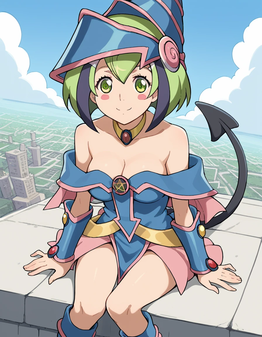 score_9, score_8_up, score_7_up, source_anime, <lora:mira-yurizaki-s1-ponyxl-lora-nochekaiser:1>, mira yurizaki, short hair, medium breasts, green eyes, multicolored hair, green hair, two-tone hair, streaked hair, headgear, android, mechanical tail, cable, tail, medium breasts,, <lora:dark-magician-girl-cosplay-ponyxl-lora-nochekaiser:1>, dark magician girl cosplay, dark magician girl (cosplay), bare shoulders, blue footwear, blush, blush stickers, cleavage, collarbone, duel monster, hat, off shoulder, pentacle, wizard hat,, outdoors, cityscape, sitting, smile, blush, cowboy shot, looking at viewer, , dutch angle, cowboy shot