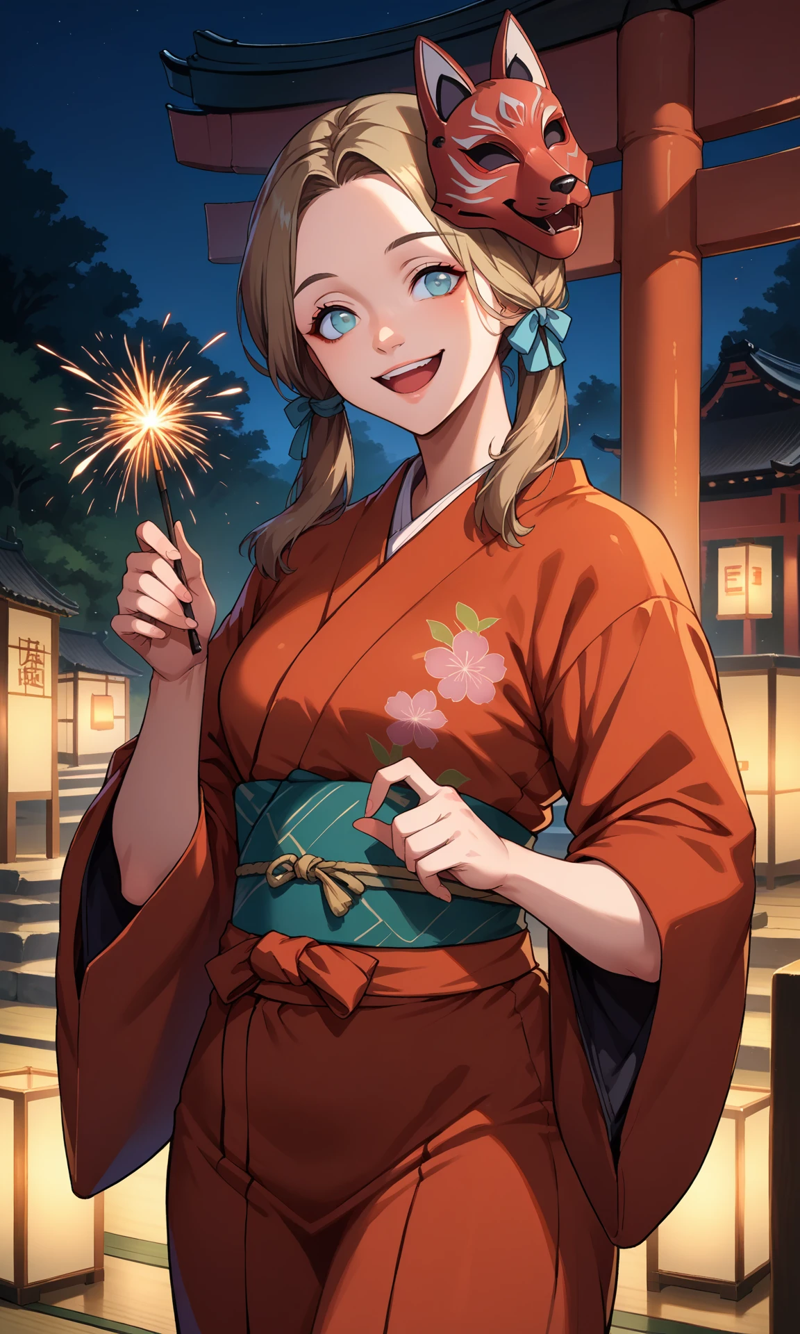 score_9, score_8_up, score_7_up, source_anime, flechefe, 1girl, solo, holding sparkler, smile, open mouth, cowboy shot, blue eyes, medium hair, brown hair, low twintails, hair over shoulder, hair ribbon, fox mask, mask on head, red yukata, floral print, outdoors, night, japanese architecture, torii gate,