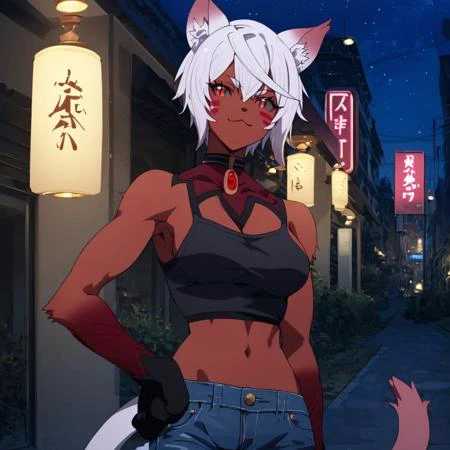 score_9, score_8_up, score_7_up, masterpiece, best quality, good quality, Expressiveh, night time, night sky, modern city, street lights, neon signs, 1 girl, solo, uliminas, red eyes, slit pupils, facial mark, white hair, short hair, cat ears, cat girl, cat tail, medium breasts, animal hands, colored skin, red skin, furry female, claws, gray tank top, jeans, hand on the hip, smug look, looking at viewer