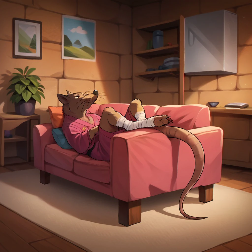 score_9, score_8_up, score_7_up, score_6_up, score_5_up, score_4_up, source_furry, Splinter87, anthro, male, rat,  brown fur, rat tail,  living room, pink kimono, foot wraps, lying on couch, feet up ,, <lora:f98219d2-3ae7-41dc-bcf2-7be4f2ca31f4:1.0>