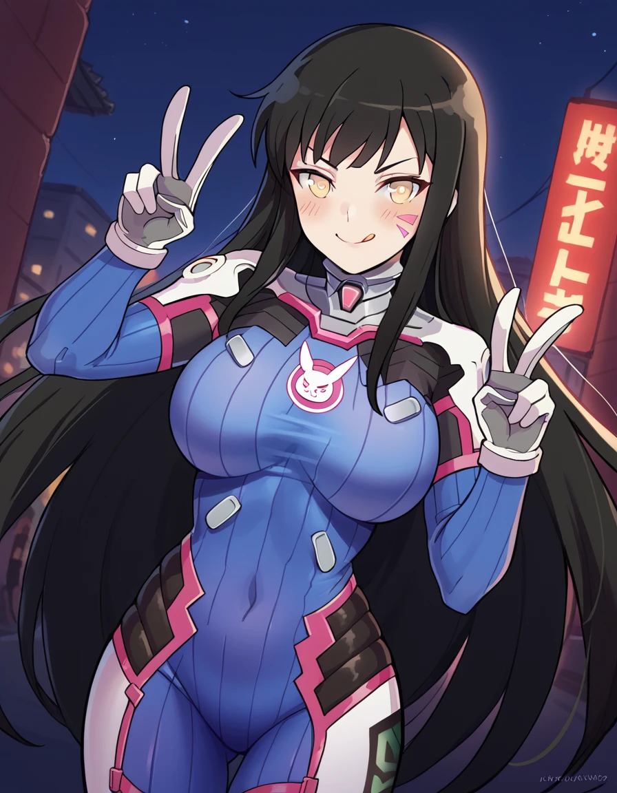 score_9, score_8_up, score_7_up, source_anime, <lora:sk-kagura-s1-ponyxl-lora-nochekaiser:1>, kagura, long hair, black hair, very long hair, yellow eyes, large breasts,, <lora:overwatch-dva-cosplay-ponyxl-lora-nochekaiser:1>, overwatch dva cosplay, d.va (overwatch) (cosplay), bodysuit, cosplay, covered navel, skin tight, vertical-striped bodysuit, streets, smile, blush, v, v over eye, tongue out, cowboy shot, looking at viewer, , dutch angle, cowboy shot