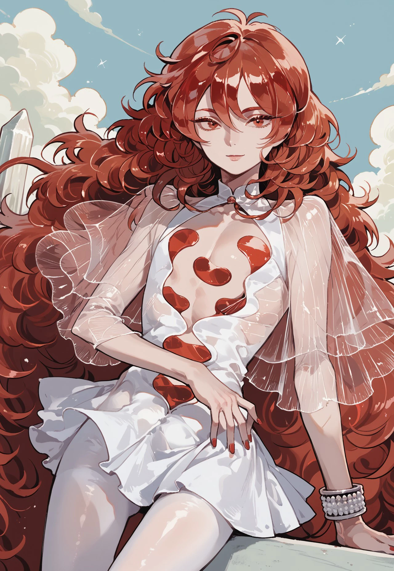 safe_pos, score_9, score_8_up, score_7_up,  outdoor, padparadschaxl11,androgynous, red eyes, red hair, very long hair,wavy hair, crystal hair,white dress, cleavage, see-through sleeves, bracelets,white tights, white heels,