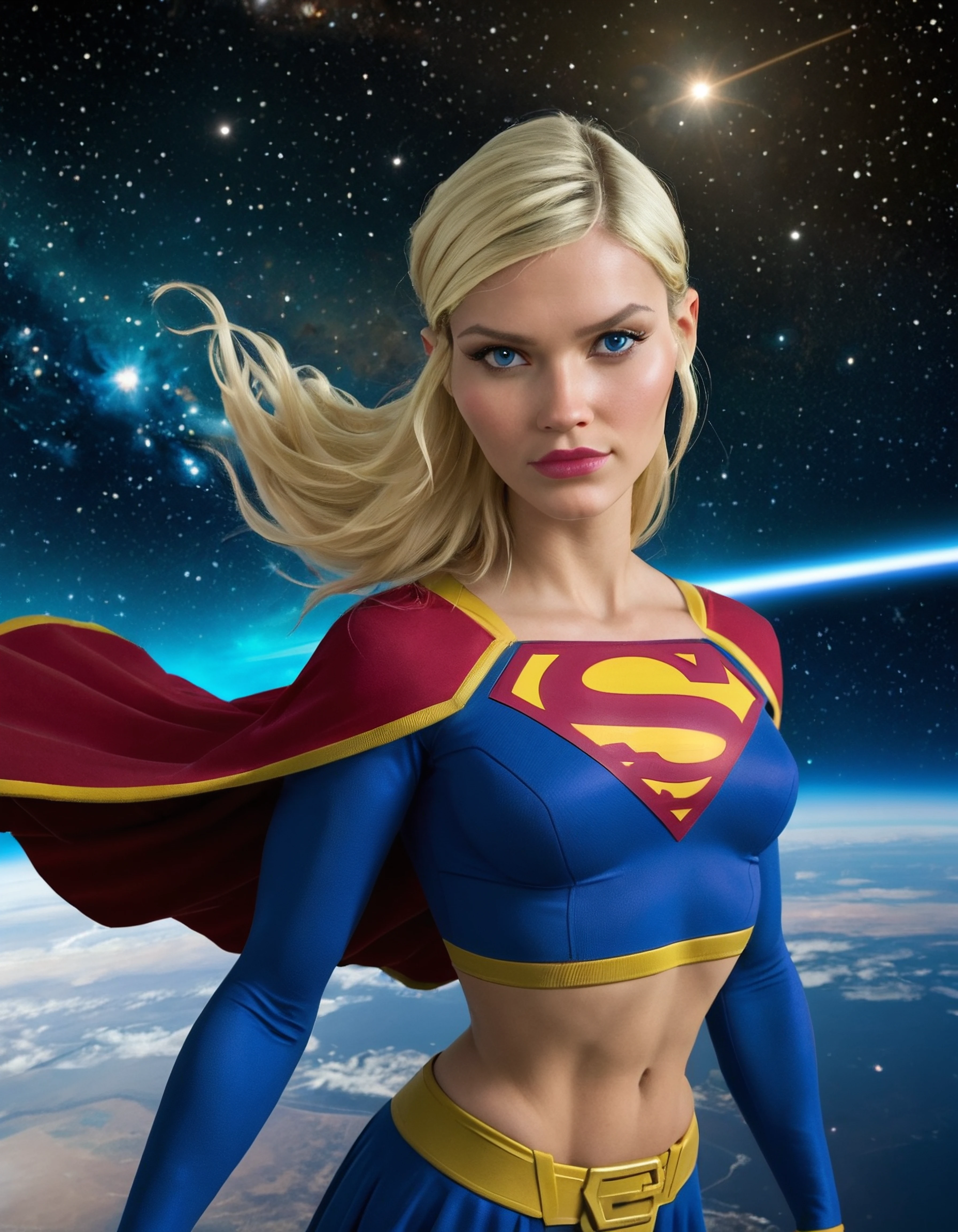 PHOTO, 1girl, 1 giant guinea pig, Kara Zor-El, blonde hair, blue eyes, toned skin, narrow waist, midriff exposed, Supergirl suit with long sleeves, red cape, posing, space background, floating in space, flying