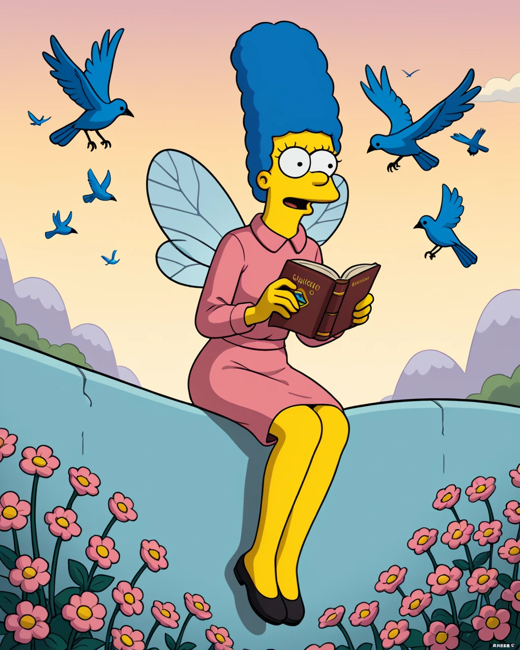 solo,hfmarge the simpsons,blue hair,with a book open in his lap. sHe is deeply engrossed in reading, surrounded by nature. Birds are flying above, bees are buzzing around flowers, and the hills in the distance are covered in vibrant, blooming flowers. The boy takes a moment to pause, gazing thoughtfully at the horizon, reflecting on the quiet mysteries of life. The image captures the joy of silent reflection  to the beauty of the natural world around him  <lora:hfmarge114:0.8>