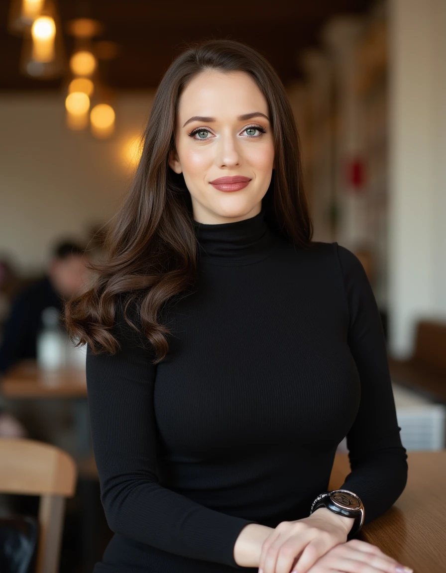 <lora:Kat_Dennings_Flux:1> This is an image of a women, beautiful detailed photograph,  brown hair cascading , makeup  wearing a formfitting turtleneck dress, standing in cafe looking at the viewer, smile