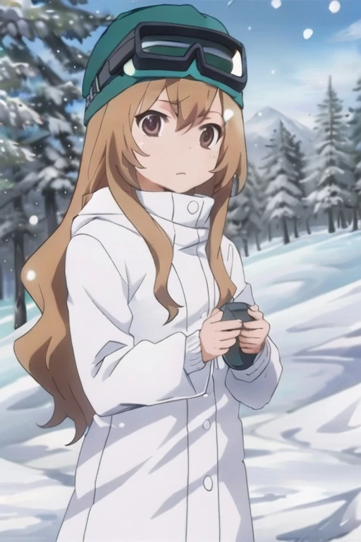 (masterpiece), aisaka taiga, brown hair, long hair, brown eyes, 1girl, solo, snow, goggles, tree, goggles on headwear, outdoors, pink jacket, jacket, coat, snowing, winter

