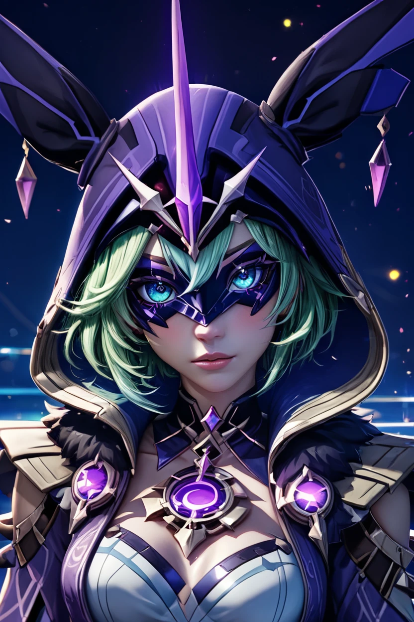 score_9, score_8_up, score_8, medium breasts, (curvy), cute, eyelashes, BREAK, , zzElectroCicin, 1girl, short hair, green hair, hood, fur trim, long sleeves, mask, cloak, hooded cloak, gloves, lantern, <lora:ElectroCicin_Genshin_PDXL:0.8>, , BREAK, (ultra realistic,32k, masterpiece:1.2),(high detailed skin:1.1),( high quality:1.1), curvy, head tilt, hearts, blush, lips, closed mouth, curvy, head tilt, shiny clothes, (upper body), looking at viewer, bokeh, luminescent background, ,,, embedding:zPDXL, Expressiveh, ,,, <lora:RlAnmPDXL:1.0>,