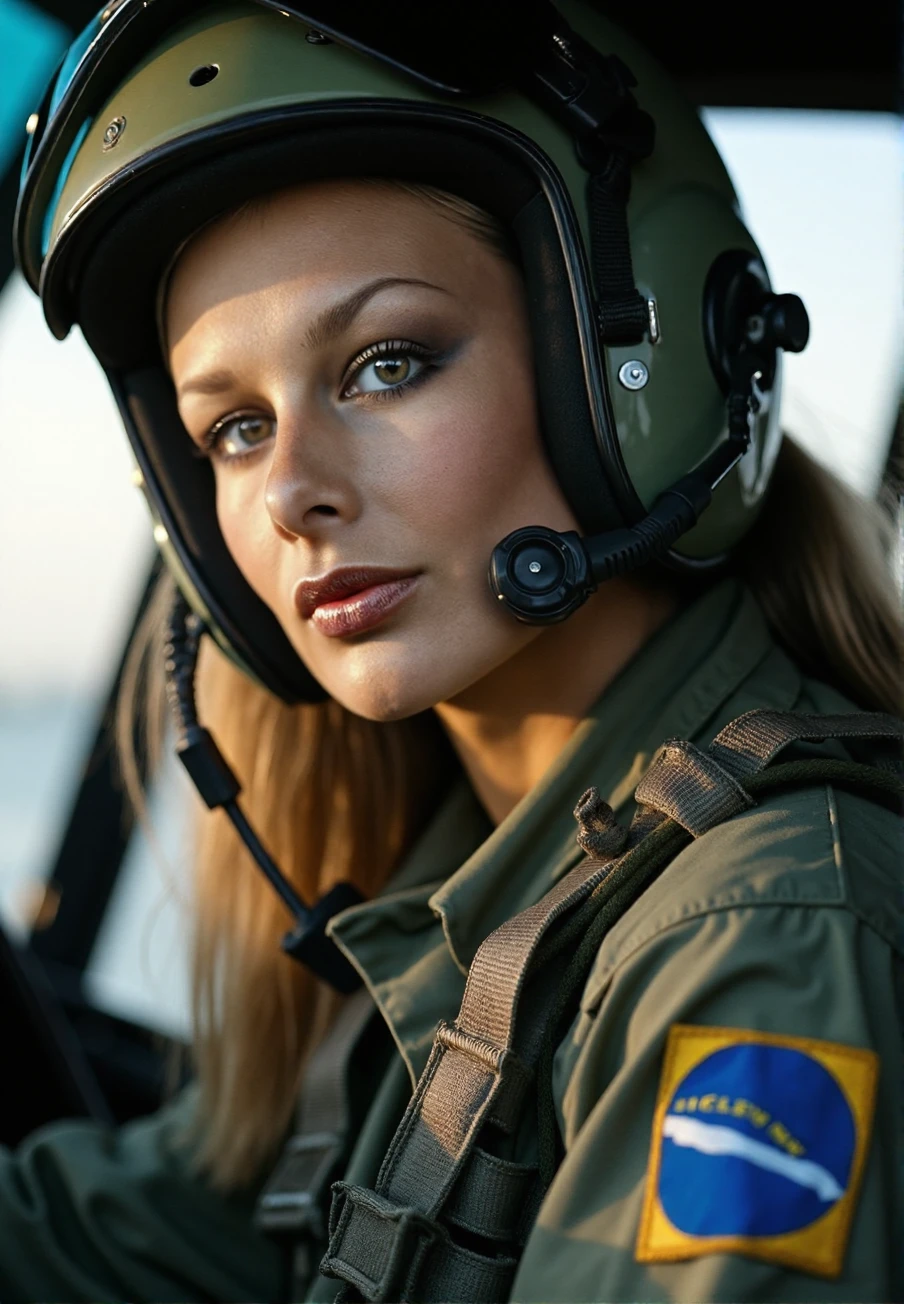 A professional photograph of a young woman, Jilly_Johnson, working as a helicopter pilot, wearing a helmet and military flight suit, striking makeup, detailed skin, bokeh, SFW<lora:Jilly_Johnson-000018:1>