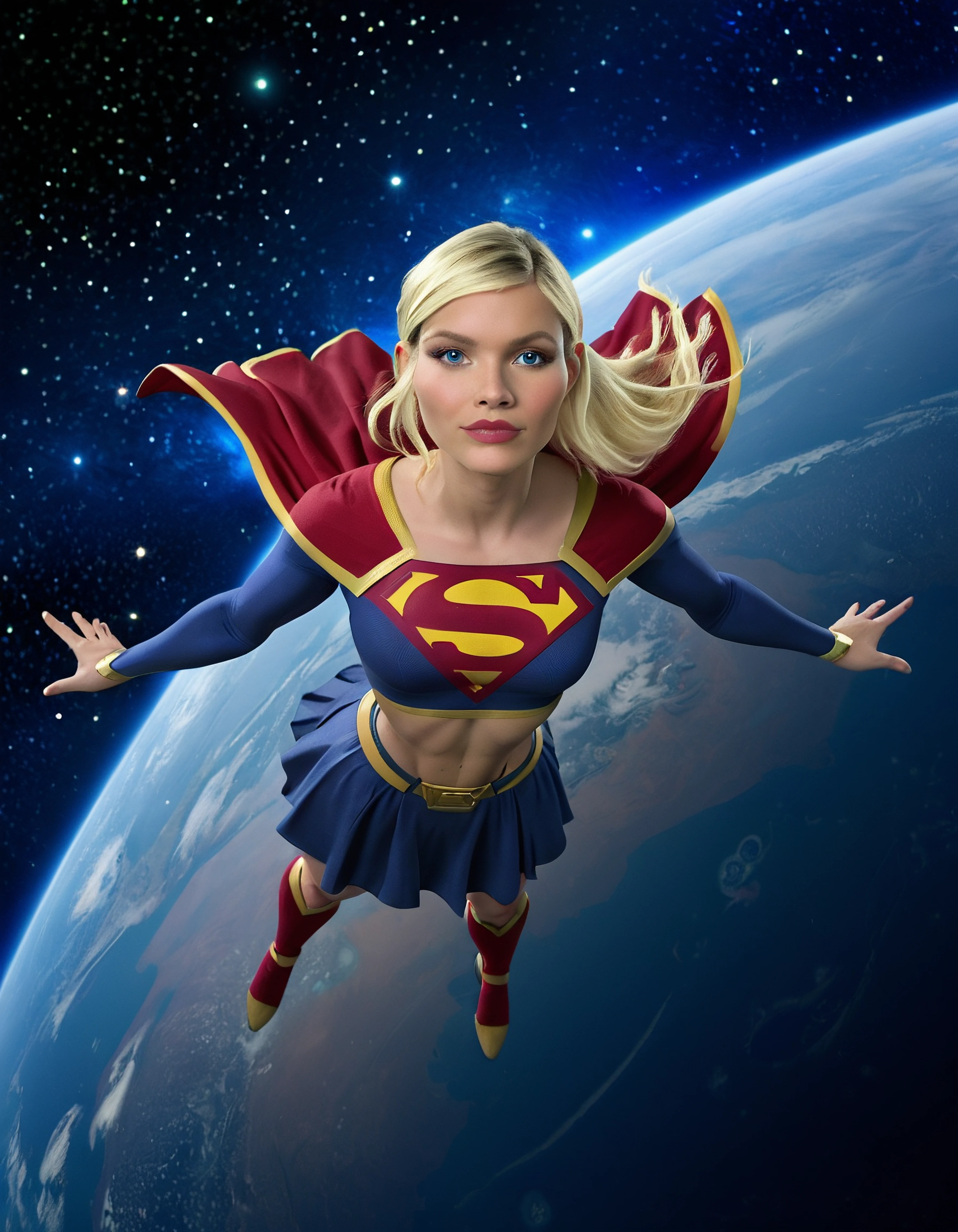 PHOTO, 1girl, Kara Zor-El, blonde hair, blue eyes, toned skin, narrow waist, midriff exposed, Supergirl suit with long sleeves, red cape, posing, space background, floating in space, flying, mid air