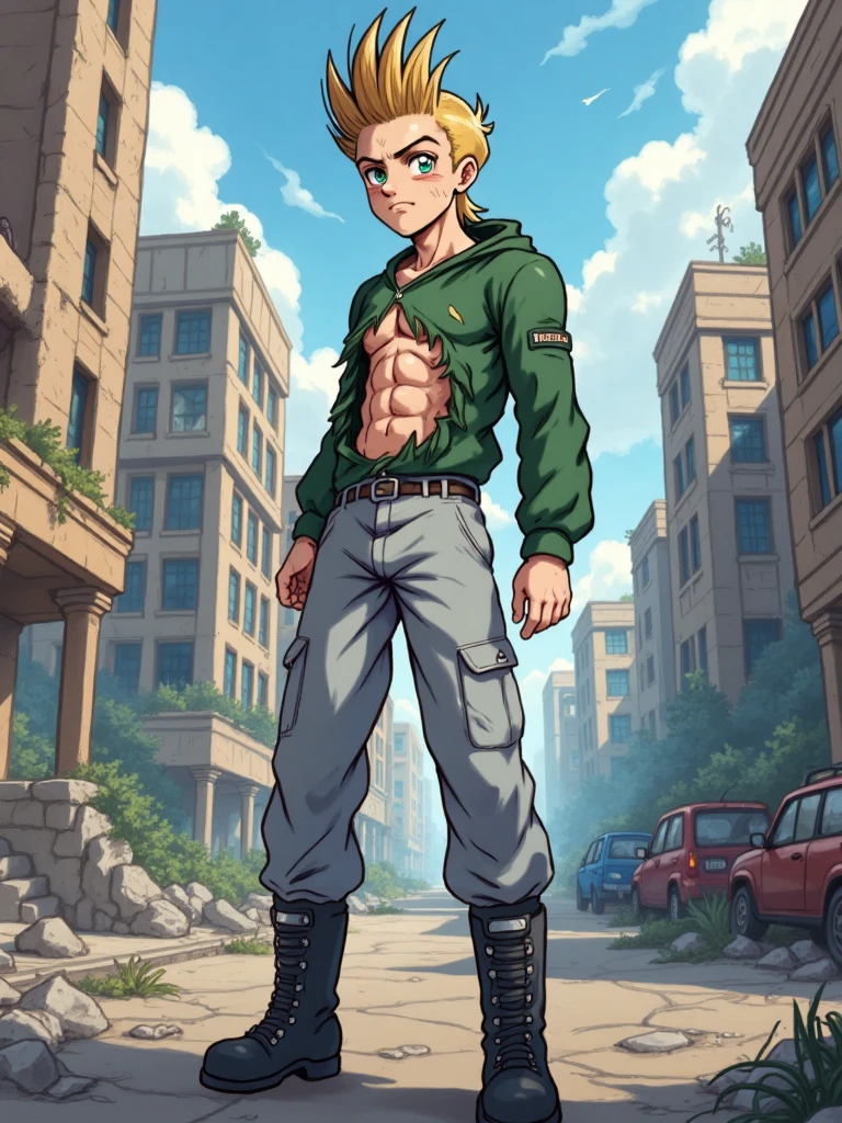 Solo, A Young man blonde hair green chaket whith hood and grey pants and black boots and green and blue eyes the chaket is broken and exposed the abs, lineart
BRAKE 
in street of big city post-apocalyptic , morning time , destroyed buildings,  abandoned cars, debris on the street
Ilustration high quality,  detailed background,  8k