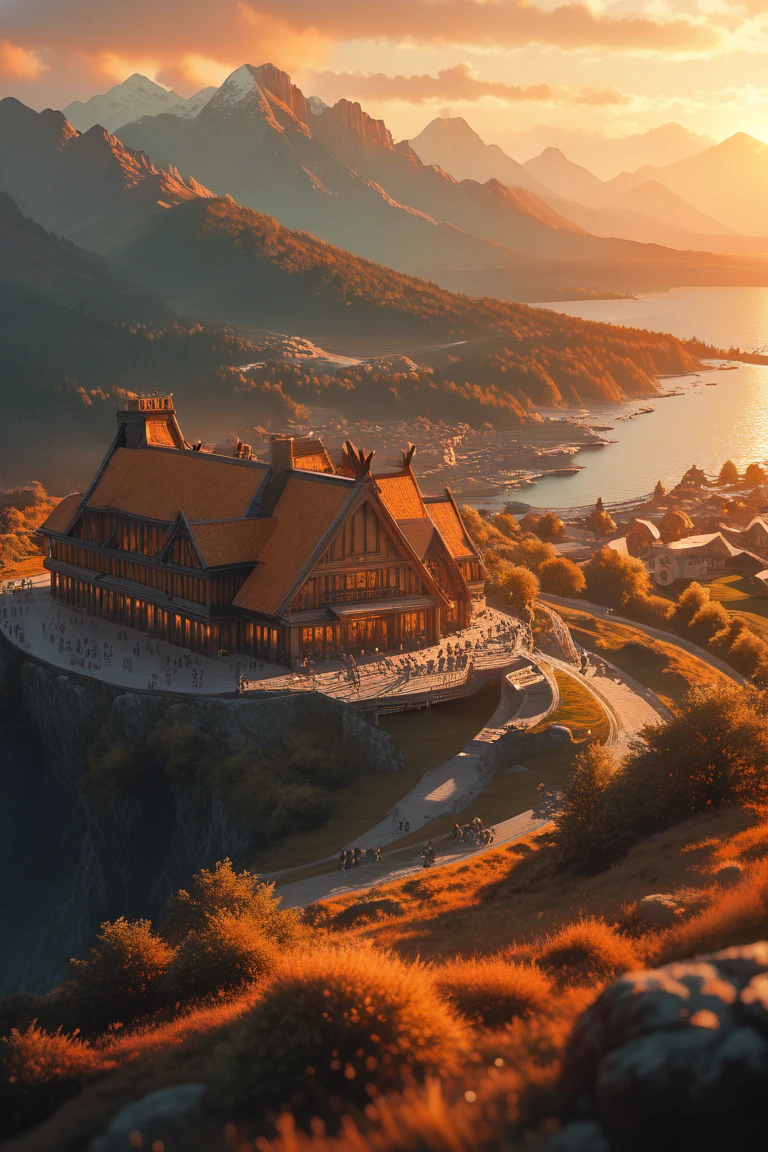 score_9, score_8_up, score_7_up, source_anime, rating_safe, afternoon, sunset, orange theme, natural lighting, fantasy-viking structure focus, DaVIKING, DaVIKING_architecture, DaVIKING_clutter, scenery, intricately detailed illustration, atmospheric perspective, depth of field