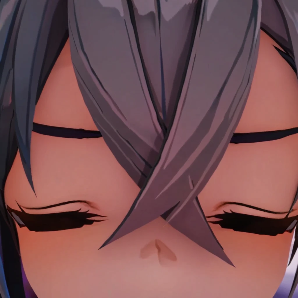 source anime, score 9, score 8 up, score 7 up, 1girl, solo, black hair, hair between eyes, closed eyes, grey hair, multicolored hair, depth of field, crossed bangs, silver wolf \(honkai: star rail\), bronya zaychik, viewer kiss