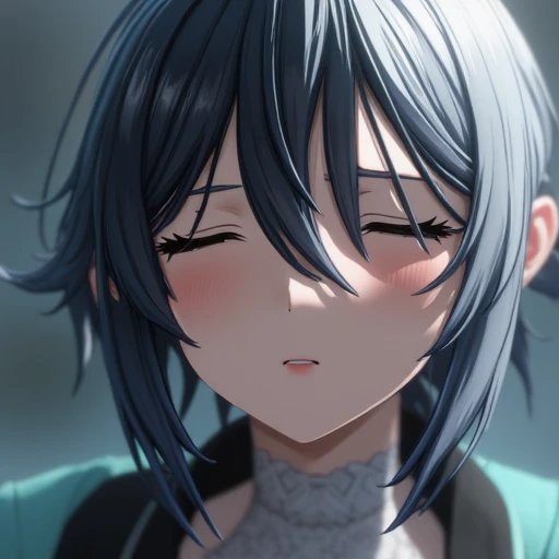 1girl, solo, black hair, hair between eyes, closed eyes, grey hair, multicolored hair, depth of field, crossed bangs, silver wolf \(honkai: star rail\), bronya zaychik, viewer kiss