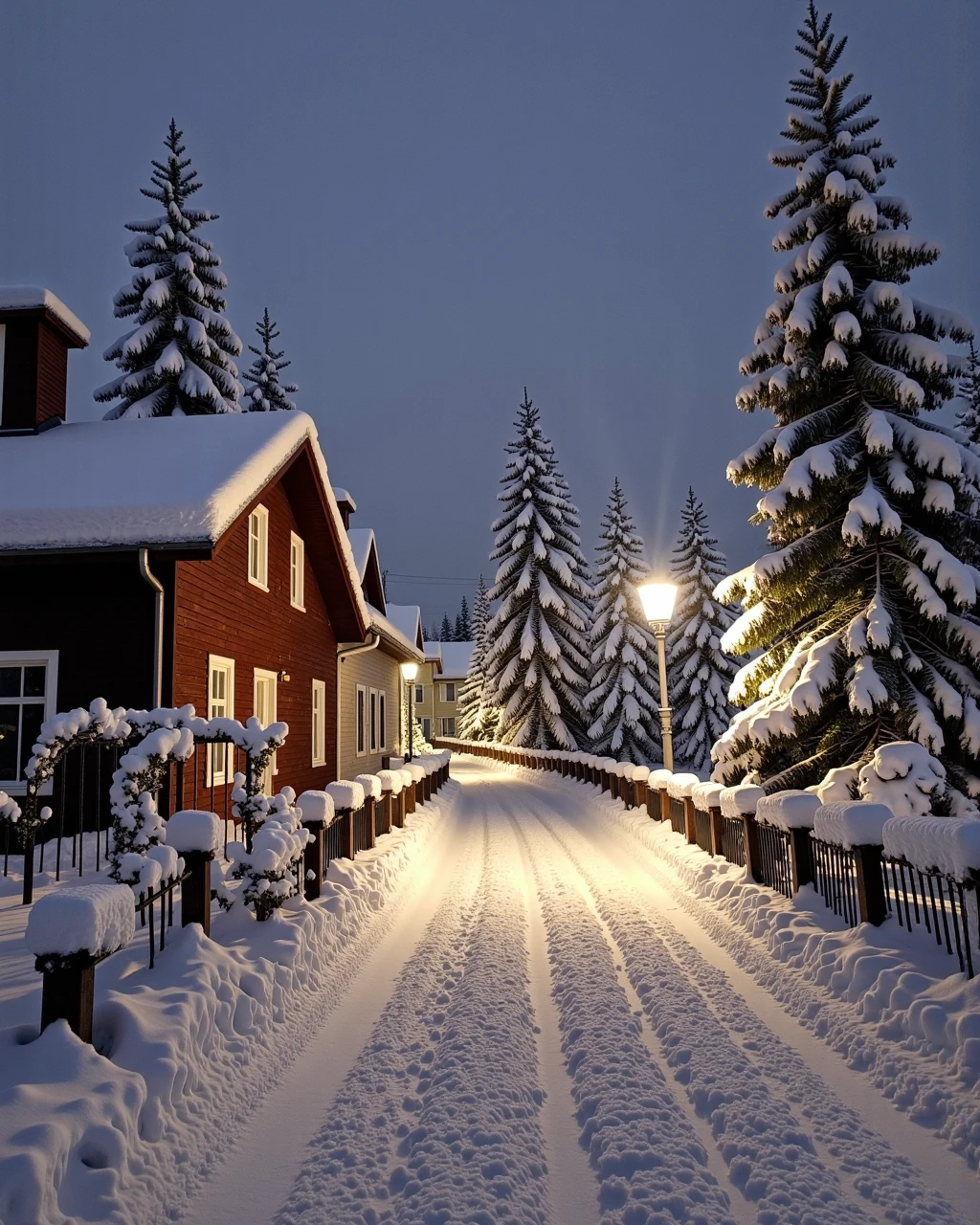 wintertime,heavy snoweing, cozy calm swedish little town on christmas eve. its dark and its snowing


