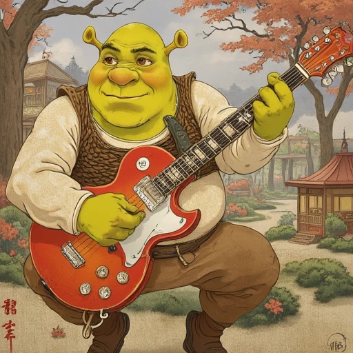 Painting in Traditional japanese art style of Shrek playing electric guitar