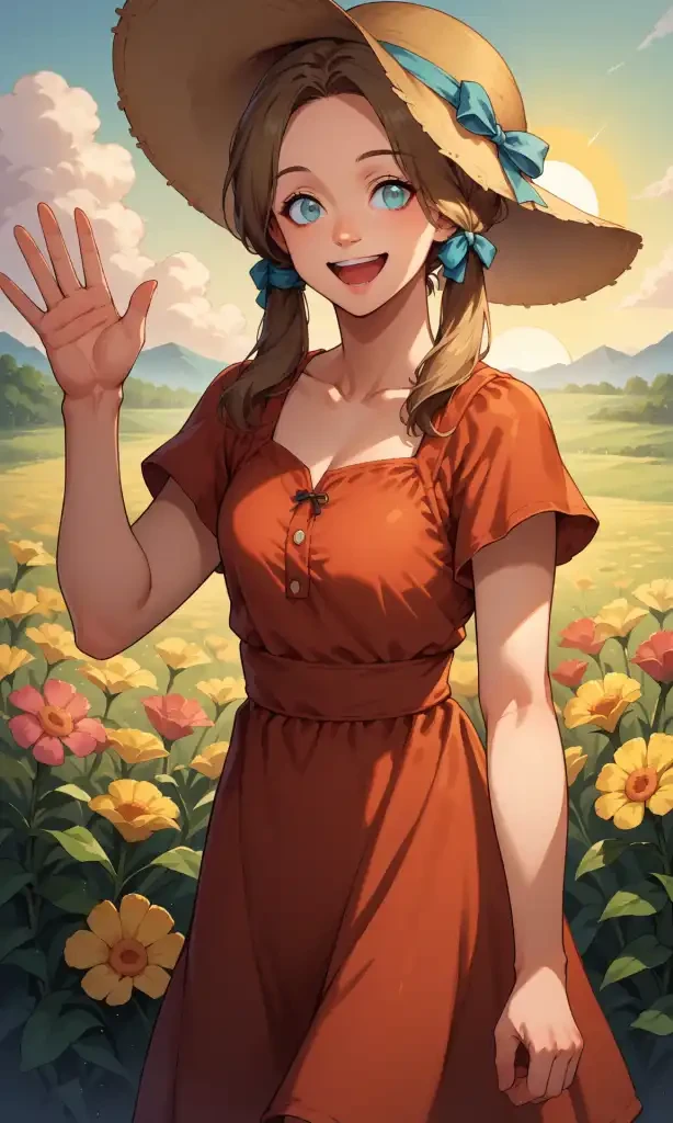 score_9, score_8_up, score_7_up, source_anime, flechefe, 1girl, solo, looking at viewer, waving, smile,  open mouth, cowboy shot, blue eyes, medium hair, brown hair, low twintails, hair over shoulder, hair ribbon, red sundress, sun hat, outdoors, day, meadow, flowers