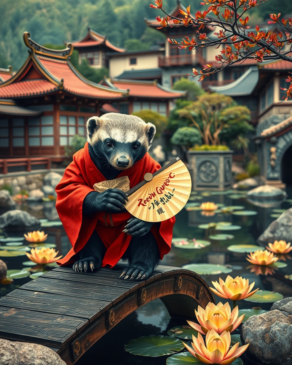 A honey badger in a red kimono and with a paper fan in his paws crosses a decorative bridge over a Japanese pond with lilies, in the background is a Japanese medieval village. <lora:honey_badger:1>