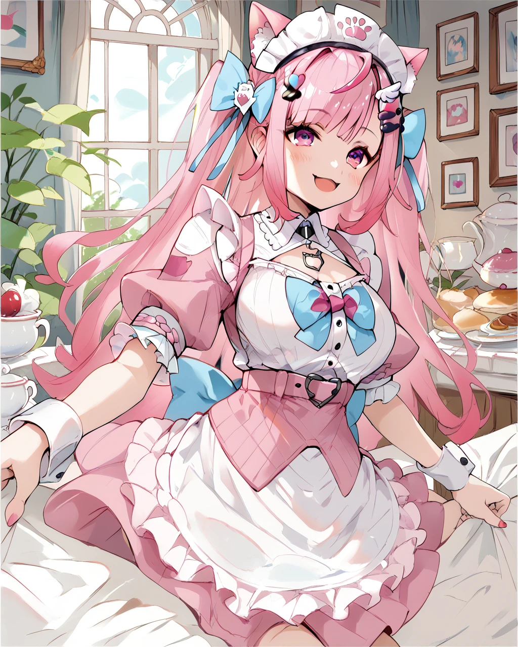 <lora:Sakuna YukiPDXL_v1:1>Sakuna YukiPDXL, 1girl, solo, short sleeves, frills, pink hair, apron, smile, puffy short sleeves, puffy sleeves, white apron, wrist cuffs, :d, virtual youtuber, <lora:Expressive_H:1> ExpressiveH<lora:incase-ilff-v3-4:0.2> <lora:RampageLycoXL:0.2> <lora:reiq_style:0.2> <lora:fellatrix_style:0.25> <lora:officialpit_style_v11:0.25> score_9, score_8_up, score_7_up,