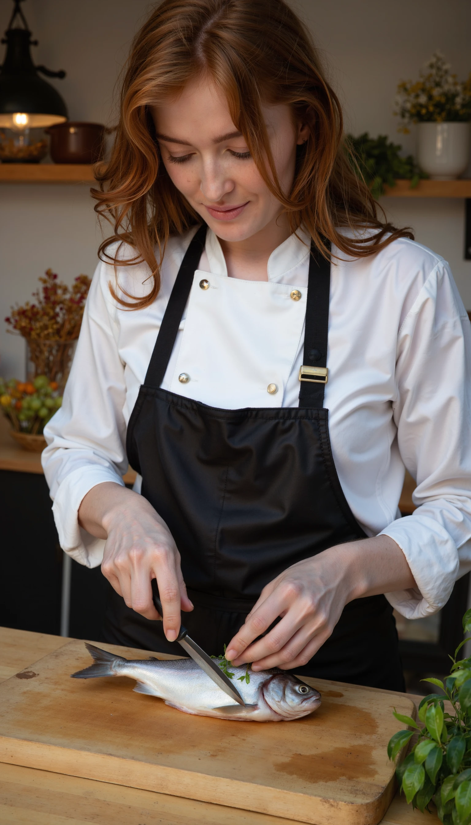 a photo of a woman p3r5on as a cheff cooking a fish on a kitchen