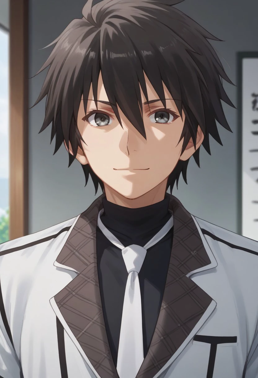 score_9, score_8_up, score_7_up, source_anime, rating_safe, , (realistic:0.6), , depth of field, 1boy, solo, male focus, , ikki kurogane, black hair, grey eyes,short hair,spiky hair,smile, shirt,hair between eyes, closed mouth, jacket,necktieblack shirt, looking to viewer,turtleneck, portrait, white necktie,