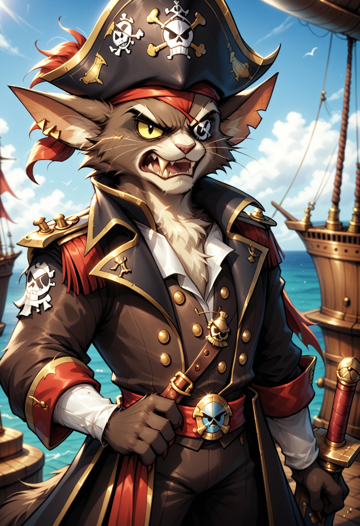 safe_pos, score_9, score_8_up, score_7_up, 1boy, pirate captain, cat, dark fur, long fur, solo, anthro, evil, fangs, eyepatch, pirate captain hat, fangs, angry, holding sword, pirate ship