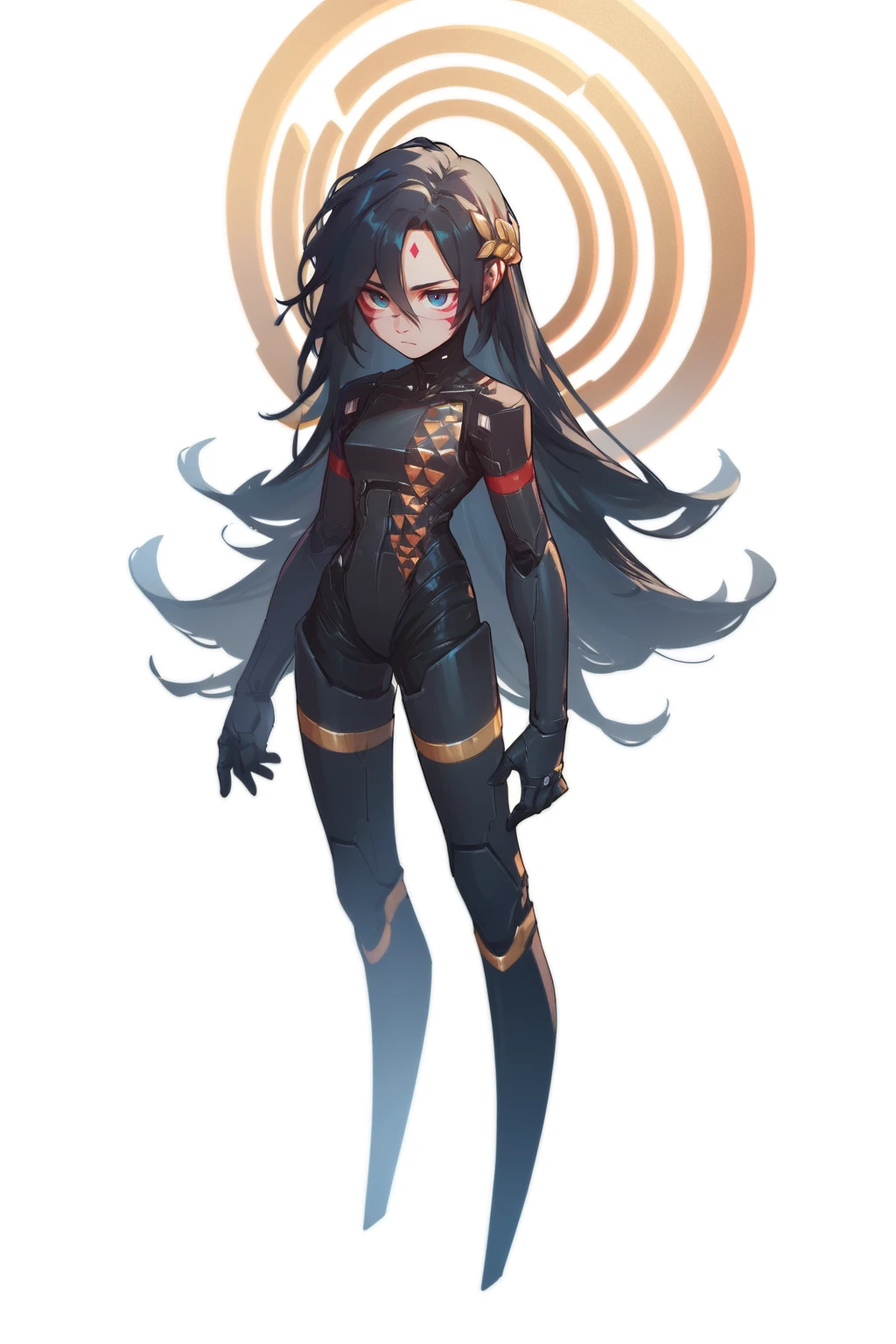 signalisfalke, long hair, black hair, solo, crown laurel, blue eyes, bodysuit, facial mark, android, full body, chibi style, white background  <lora:Signalis_Falke-PONY:0.8>, score_9, score_8_up, score_7_up, score_6_up,