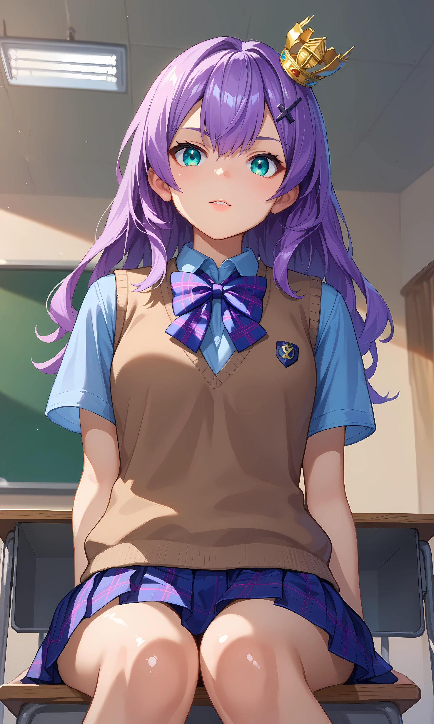 score_9, score_8_up, score_7_up, source_anime, 1girl, solo, indoors, classroom, cowboy shot,  looking at viewer, shiny skin, javelin, aqua eyes, purple hair, long hair, cross hair ornament, mini crown, school uniform, blue shirt, short sleeves, brown vest, sweater vest, purple bowtie, plaid bowtie, purple skirt, plaid skirt, pleated skirt, sitting, desk, from below