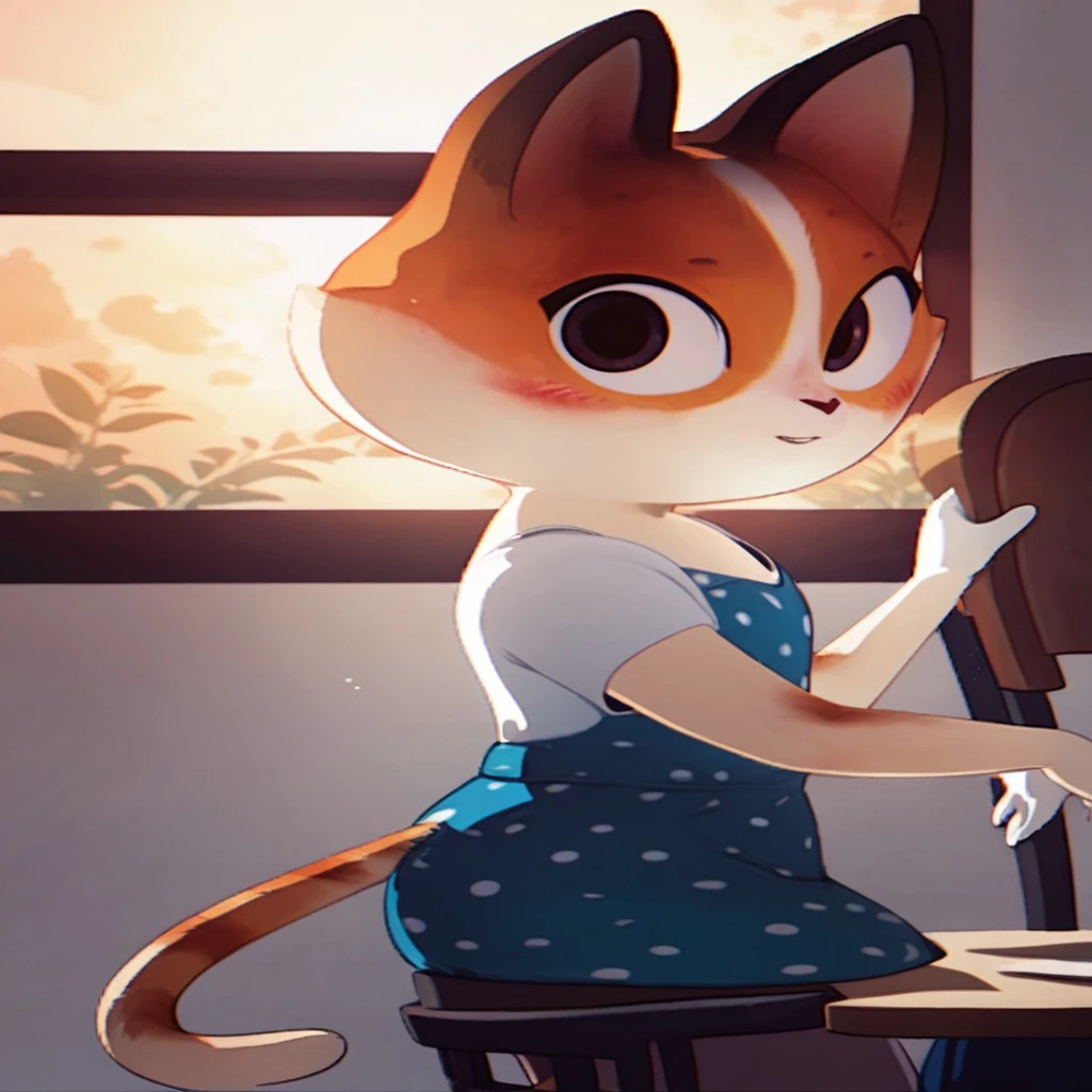 score_9, score_8_up, score_7_up,  j_cartoon, highly detailed, ((detailed shaders)), BREAK, anthropomorphic cat, female, jewelry, polka dot dress, window, from side, blush, barefoot, body fur, blue dress, chair, white shirt, furry male, female cat, furry cat, looking at viewer, tail, upper body