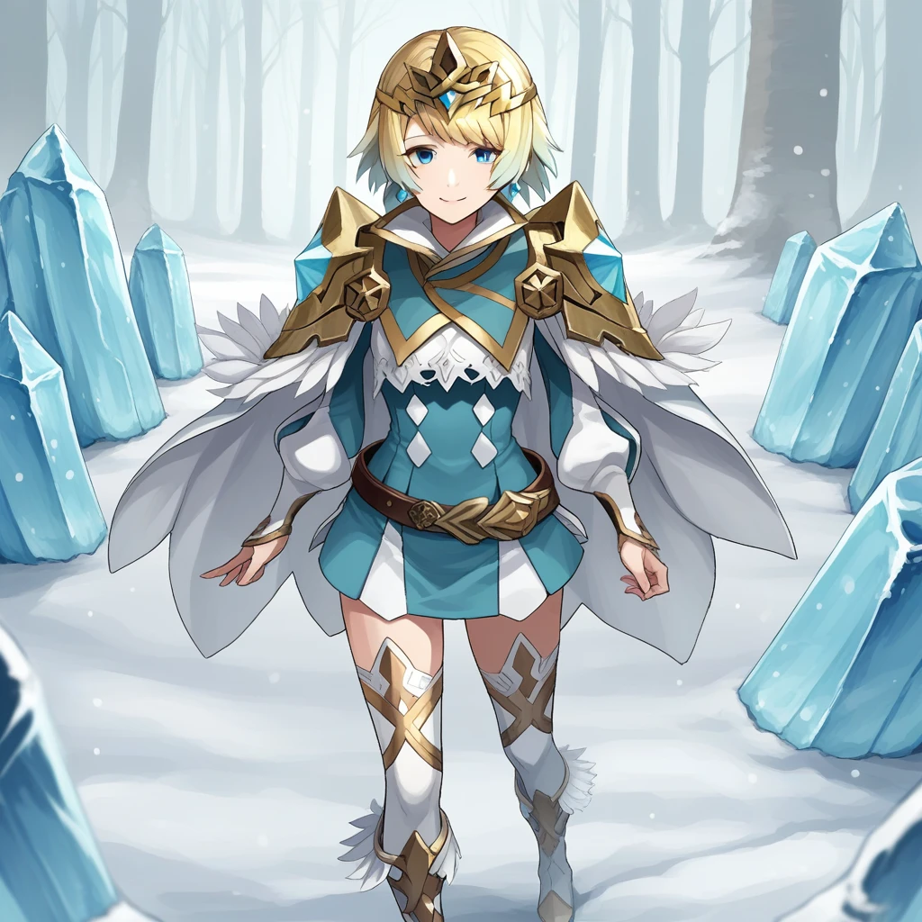 score_9, score_8_up, score_7_up, score_6_up, score_5_up, score_4_up, zPDXL2,source_anime,rating_questionable, 1girl, solo, smile, looking at viewer, outdoors, <lora:Fjorm_-_Fire_Emblem_Heroes:0.8>,ice, snow,fjorm_FEH,gradient hair, multicolored hair, short hair, blonde hair, bangs, blue eyes, feather trim,  shoulder armor, long sleeves,  boots, cape, thighhighs, short dress, belt, earrings, zettai ryouiki, tiara, jewelry