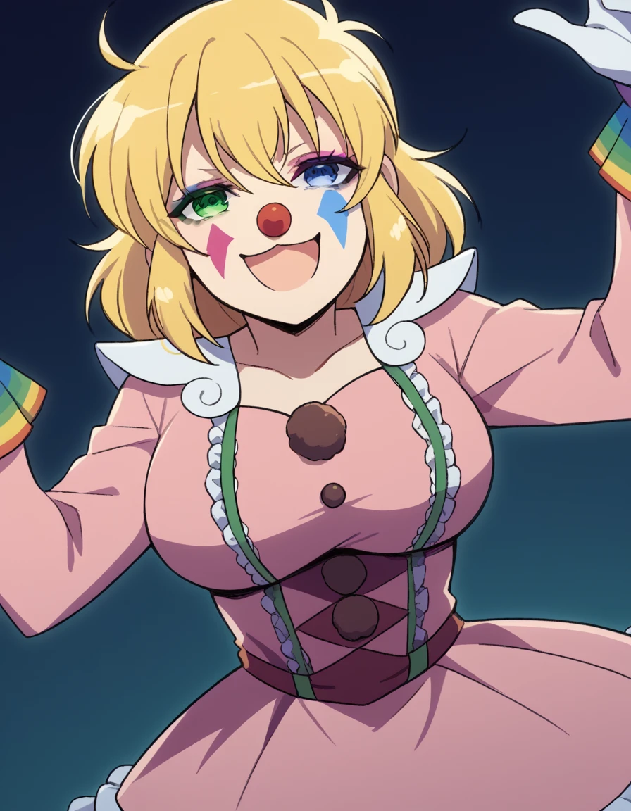 score_9, score_8_up, score_7_up, source_anime, <lora:sk-ryona-s1-ponyxl-lora-nochekaiser:1>, ryona, blue eyes, blonde hair, green eyes, medium hair, heterochromia, large breasts,, <lora:clown-ponyxl-lora-nochekaiser:1>, clown, makeup, clown nose, facepaint, gloves, long sleeves, frills, dress,, smile, open mouth, smug, , dutch angle, cowboy shot